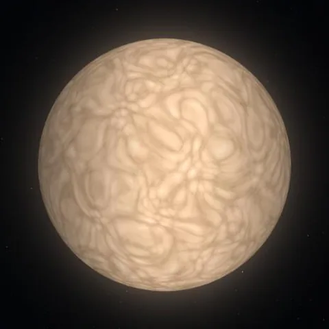 Arcturus, a large orange-white star with a mottled surface, drawn in Exo-View